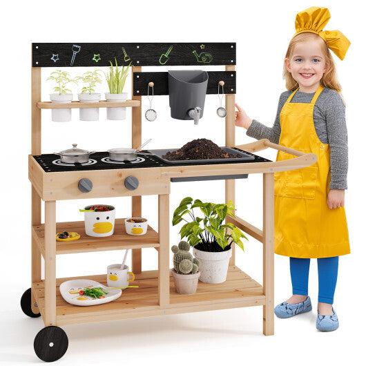 Outdoor Fir Wood Play Kitchen with Blackboard and Planting Pots-Natural W2B