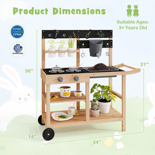Outdoor Fir Wood Play Kitchen with Blackboard and Planting Pots-Natural W2B