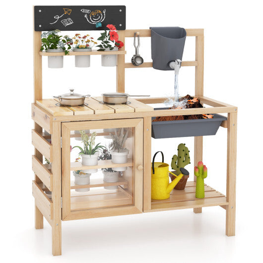 Mud Kitchen Playset with Sink and Plants Observation Room-Natural W2B