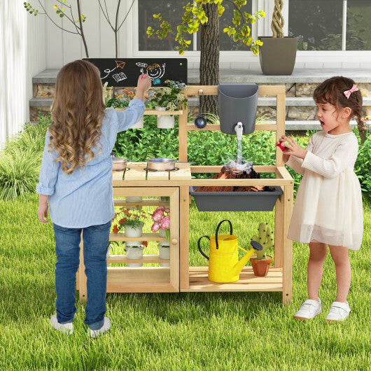 Mud Kitchen Playset with Sink and Plants Observation Room-Natural W2B