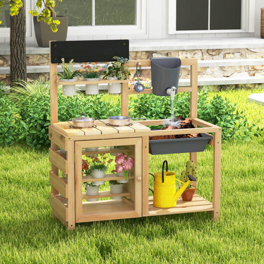 Mud Kitchen Playset with Sink and Plants Observation Room-Natural W2B