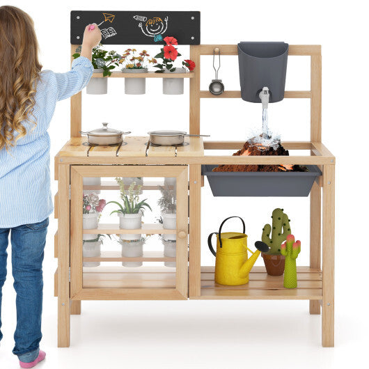 Mud Kitchen Playset with Sink and Plants Observation Room-Natural W2B