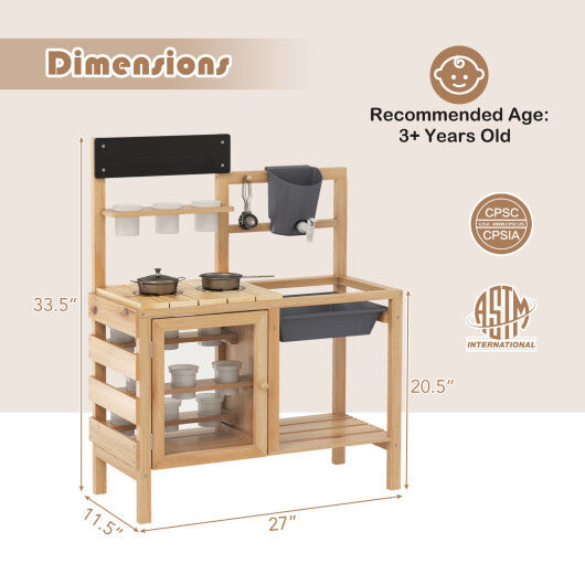Mud Kitchen Playset with Sink and Plants Observation Room-Natural W2B