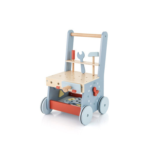 2-in-1 Toddler Wooden Baby Push Walker with Multi-Activity Center - Color: Blue W2B