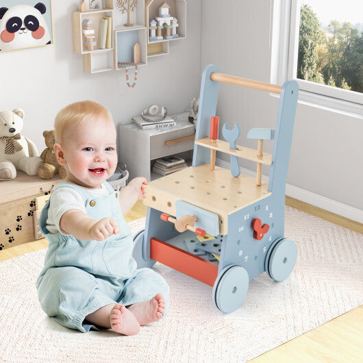 2-in-1 Toddler Wooden Baby Push Walker with Multi-Activity Center - Color: Blue W2B