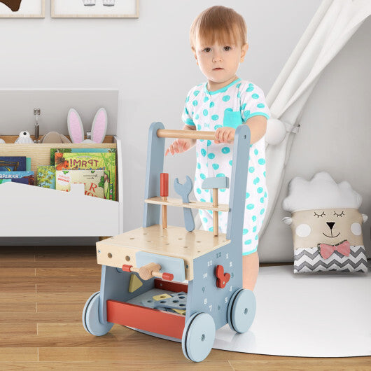 2-in-1 Toddler Wooden Baby Push Walker with Multi-Activity Center - Color: Blue W2B