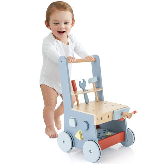 2-in-1 Toddler Wooden Baby Push Walker with Multi-Activity Center - Color: Blue W2B