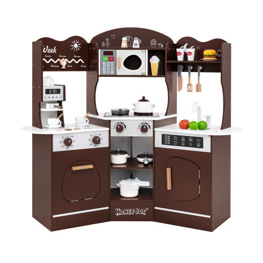 Corner Wooden Play Kitchen with Coffee Machine and Slide for Kids-Brown W2B