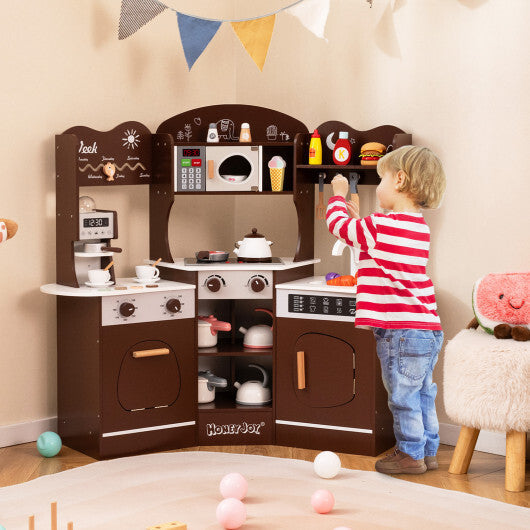 Corner Wooden Play Kitchen with Coffee Machine and Slide for Kids-Brown W2B