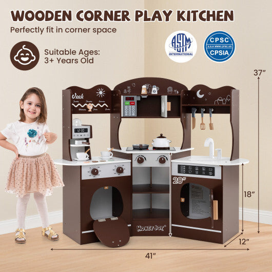 Corner Wooden Play Kitchen with Coffee Machine and Slide for Kids-Brown W2B