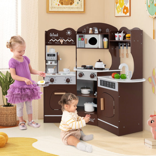 Corner Wooden Play Kitchen with Coffee Machine and Slide for Kids-Brown W2B