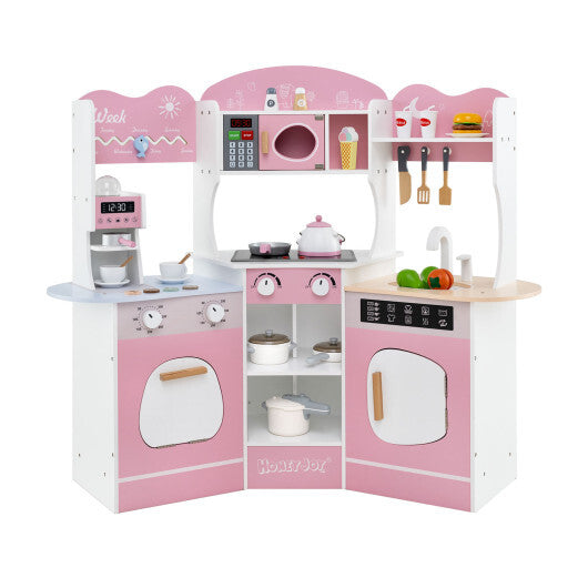 Corner Wooden Play Kitchen with Coffee Machine and Slide for Kids-Brown W2B