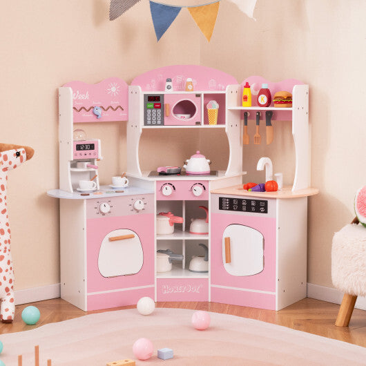Corner Wooden Play Kitchen with Coffee Machine and Slide for Kids-Brown W2B