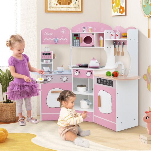 Corner Wooden Play Kitchen with Coffee Machine and Slide for Kids-Brown W2B