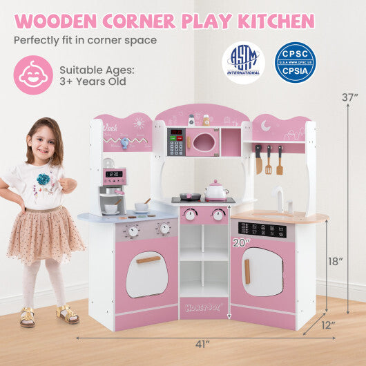 Corner Wooden Play Kitchen with Coffee Machine and Slide for Kids-Brown W2B