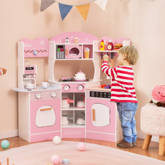 Corner Wooden Play Kitchen with Coffee Machine and Slide for Kids-Brown W2B