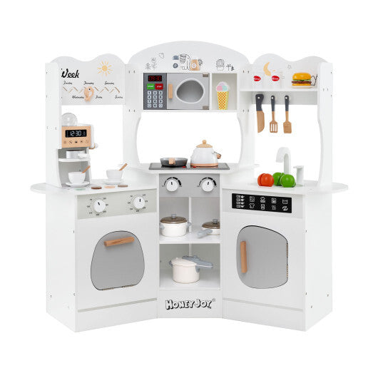 Corner Wooden Play Kitchen with Coffee Machine and Slide for Kids-Brown W2B