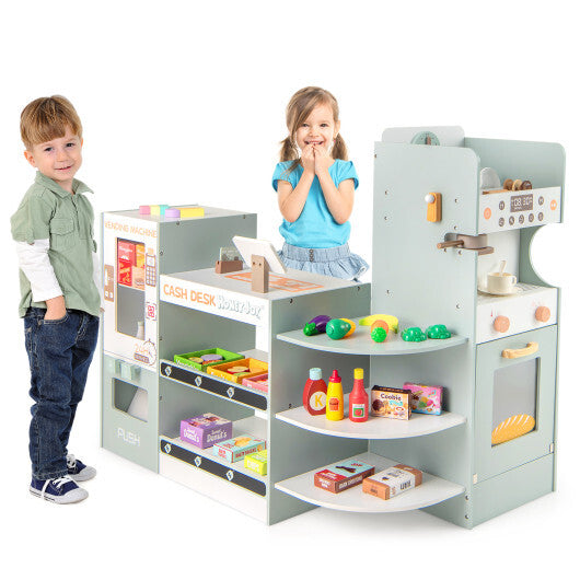 Wooden Kids Grocery Store Playset Pretend Play Supermarket-Green W2B