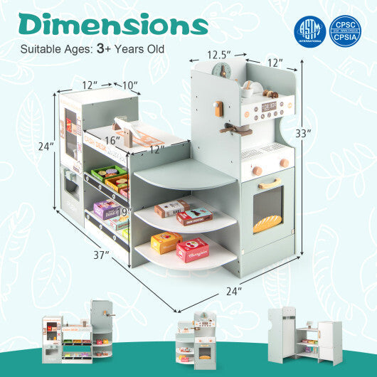 Wooden Kids Grocery Store Playset Pretend Play Supermarket-Green W2B