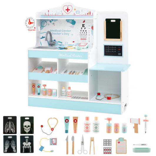 Wooden Doctor Playset with Stethoscope for Toddlers over 3 Years Old-Blue