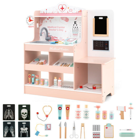 Wooden Doctor Playset with Stethoscope for Toddlers over 3 Years Old-Pink - Color: Pink W2B