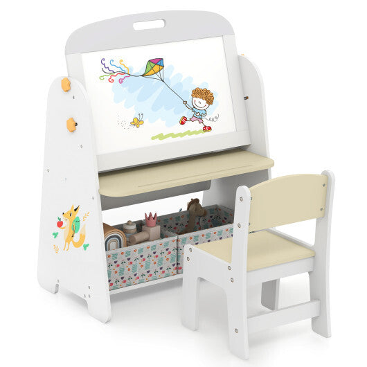 4-in-1 Kids Table and Chair Set Art Easel with Magnetic Whiteboard and Bookshelf-Natural W2B