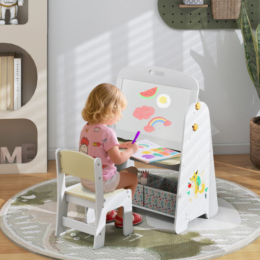 4-in-1 Kids Table and Chair Set Art Easel with Magnetic Whiteboard and Bookshelf-Natural W2B
