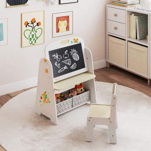 4-in-1 Kids Table and Chair Set Art Easel with Magnetic Whiteboard and Bookshelf-Natural W2B