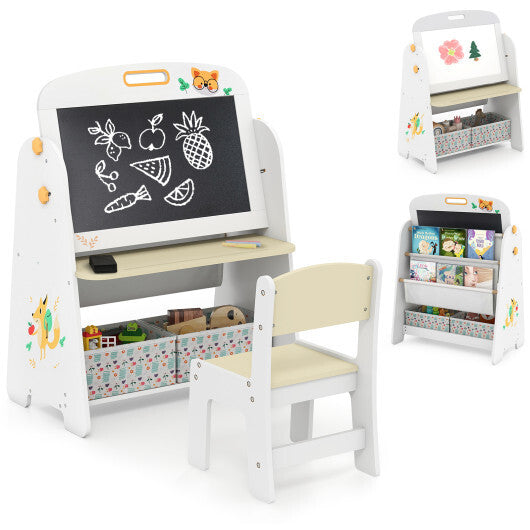 4-in-1 Kids Table and Chair Set Art Easel with Magnetic Whiteboard and Bookshelf-Natural W2B
