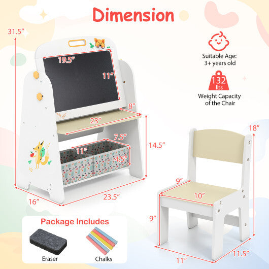 4-in-1 Kids Table and Chair Set Art Easel with Magnetic Whiteboard and Bookshelf-Natural W2B