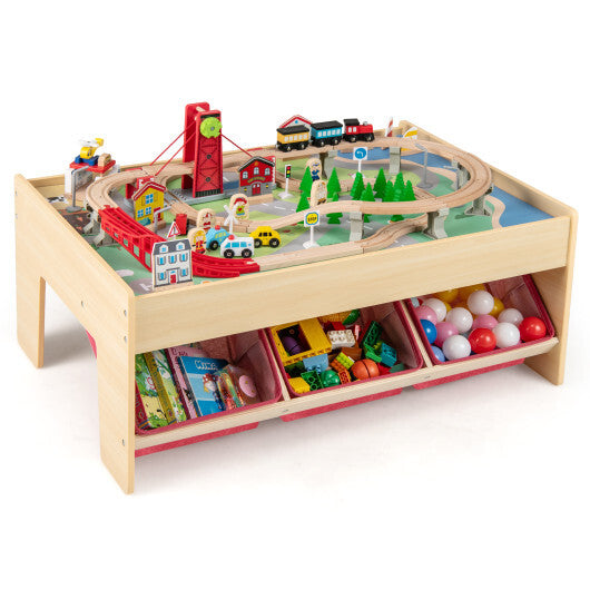 Wooden Train Set Table Kids Multipurpose Activity Play Table with 2 Reversible Tabletops-Red W2B