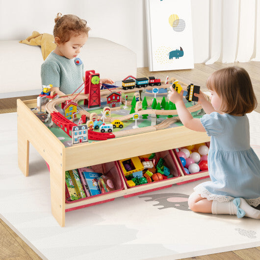 Wooden Train Set Table Kids Multipurpose Activity Play Table with 2 Reversible Tabletops-Red W2B