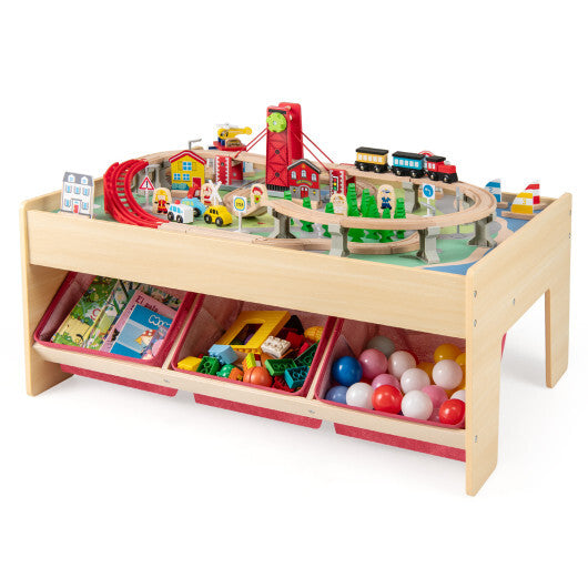 Wooden Train Set Table Kids Multipurpose Activity Play Table with 2 Reversible Tabletops-Red W2B