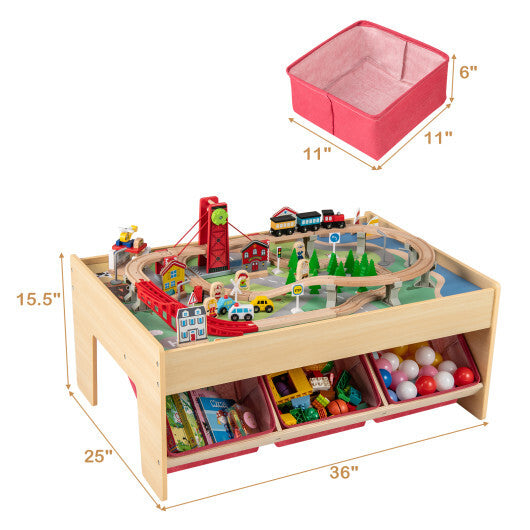 Wooden Train Set Table Kids Multipurpose Activity Play Table with 2 Reversible Tabletops-Red W2B
