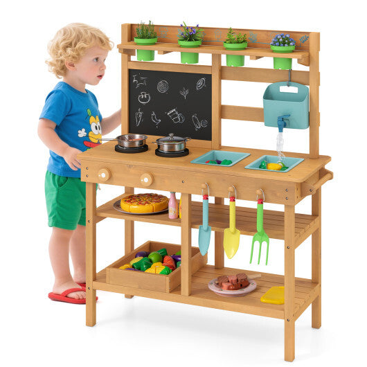 Outdoor Play Pretend Kitchen with Faucet and Removable Sinks for Children Aged 3+-Natural W2B