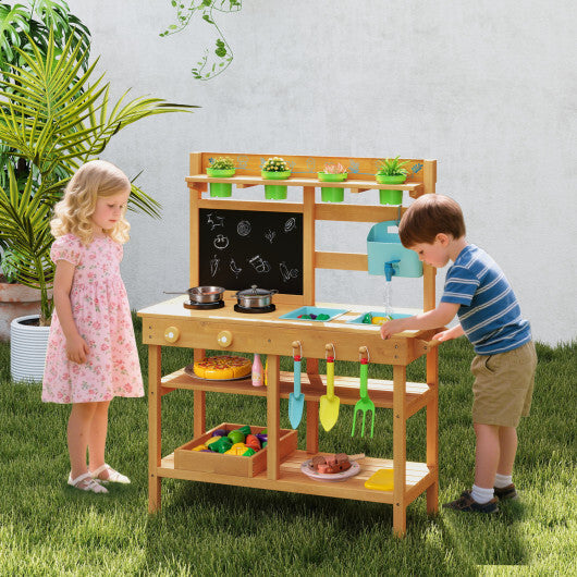 Outdoor Play Pretend Kitchen with Faucet and Removable Sinks for Children Aged 3+-Natural W2B
