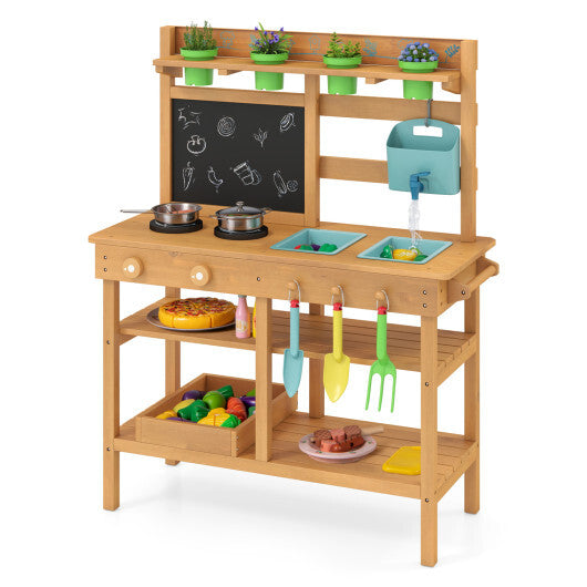 Outdoor Play Pretend Kitchen with Faucet and Removable Sinks for Children Aged 3+-Natural W2B