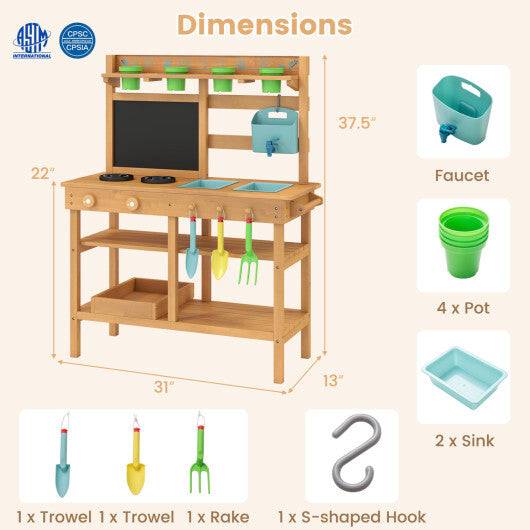 Outdoor Play Pretend Kitchen with Faucet and Removable Sinks for Children Aged 3+-Natural W2B