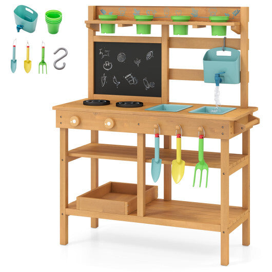 Outdoor Play Pretend Kitchen with Faucet and Removable Sinks for Children Aged 3+-Natural W2B