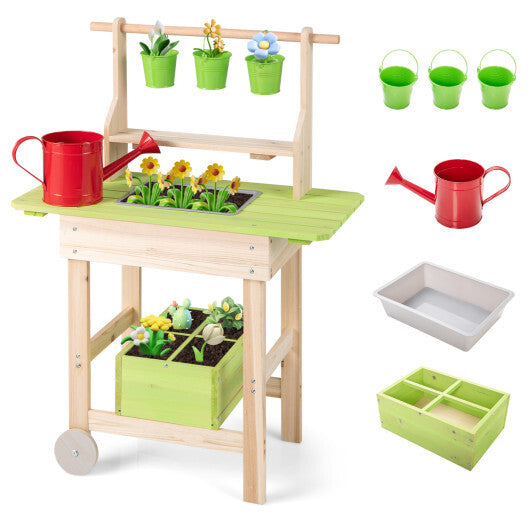 Kids Mud Kitchen with Removable Pots  Watering Can Planting Trough and Storage Box-Natrual W2B