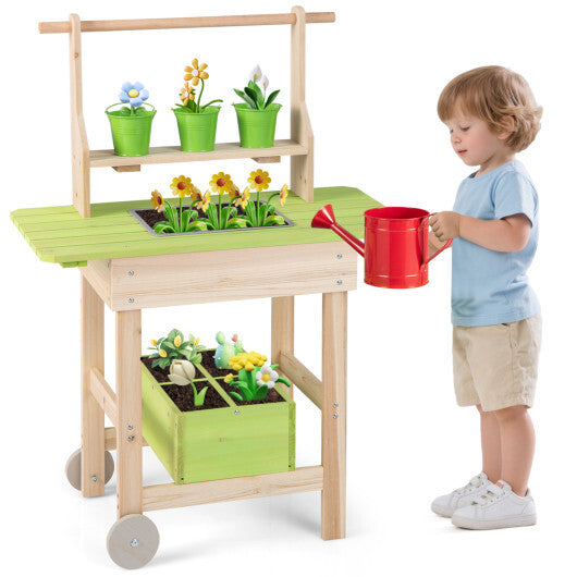 Kids Mud Kitchen with Removable Pots  Watering Can Planting Trough and Storage Box-Natrual W2B