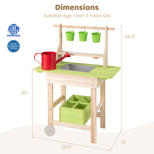 Kids Mud Kitchen with Removable Pots  Watering Can Planting Trough and Storage Box-Natrual W2B