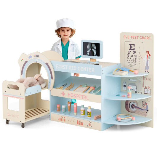 Kids Doctor Play Set Wooden Pretend Hospital Office Kit with Eye Chart Toy CT Machine-Blue W2B