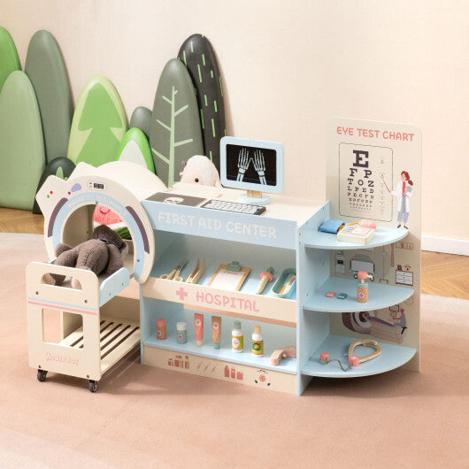 Kids Doctor Play Set Wooden Pretend Hospital Office Kit with Eye Chart Toy CT Machine-Blue W2B