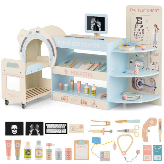 Kids Doctor Play Set Wooden Pretend Hospital Office Kit with Eye Chart Toy CT Machine-Blue W2B