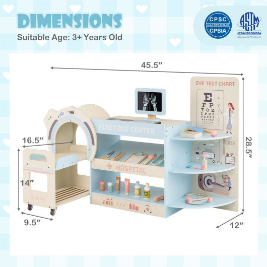 Kids Doctor Play Set Wooden Pretend Hospital Office Kit with Eye Chart Toy CT Machine-Blue W2B