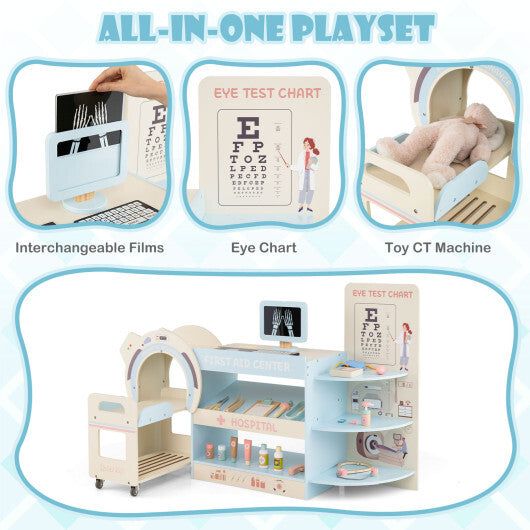 Kids Doctor Play Set Wooden Pretend Hospital Office Kit with Eye Chart Toy CT Machine-Blue W2B