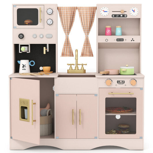 Wooden Kids Pretend Play Toy Kitchen with Microwave and Coffee Maker for Boys & Girls Ages 3+-Pink W2B