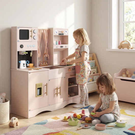 Wooden Kids Pretend Play Toy Kitchen with Microwave and Coffee Maker for Boys & Girls Ages 3+-Pink W2B