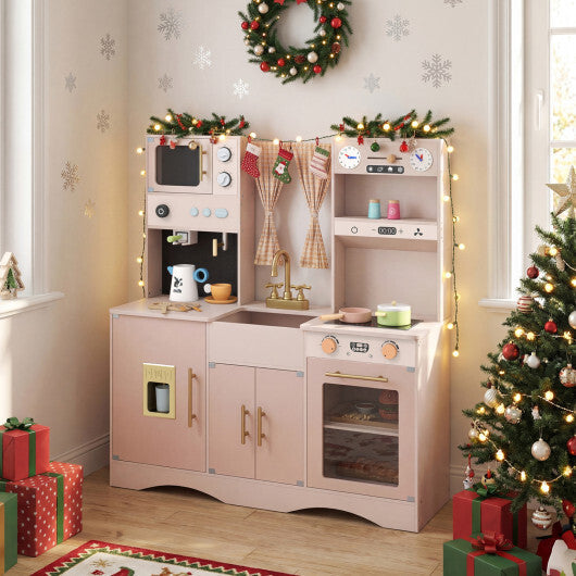 Wooden Kids Pretend Play Toy Kitchen with Microwave and Coffee Maker for Boys & Girls Ages 3+-Pink W2B